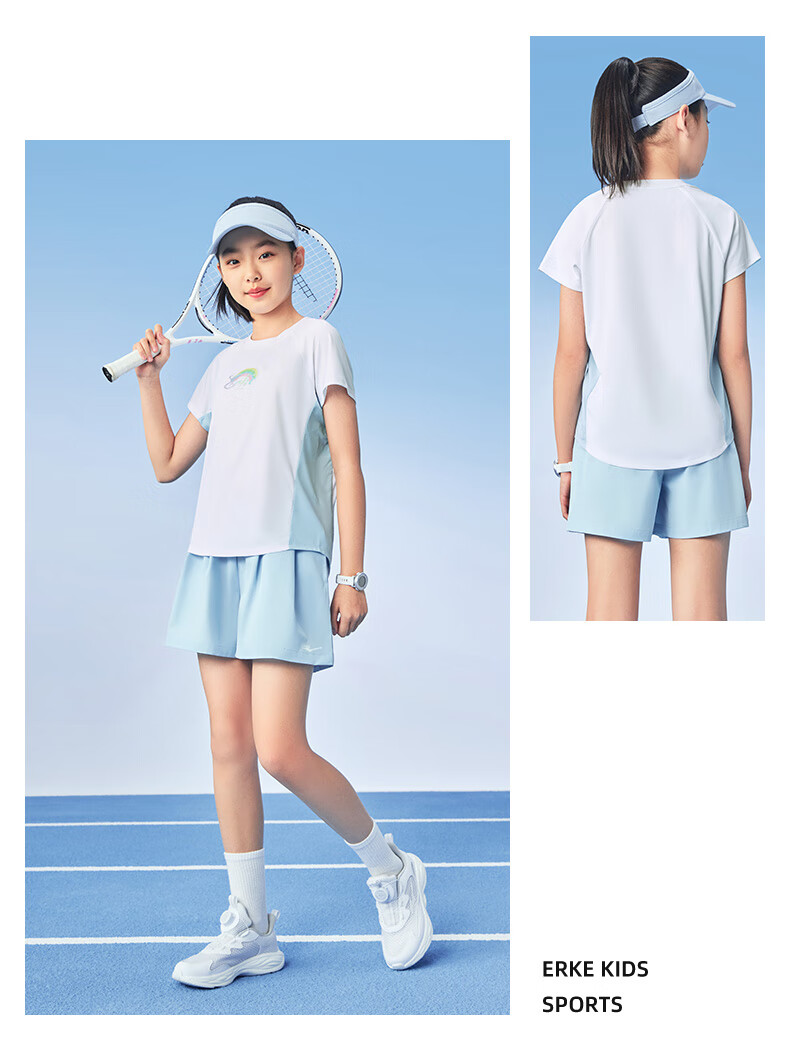 ERKE Kids Girls Sports Set Children's Casual Short Sleeve Set Pure White 120 13