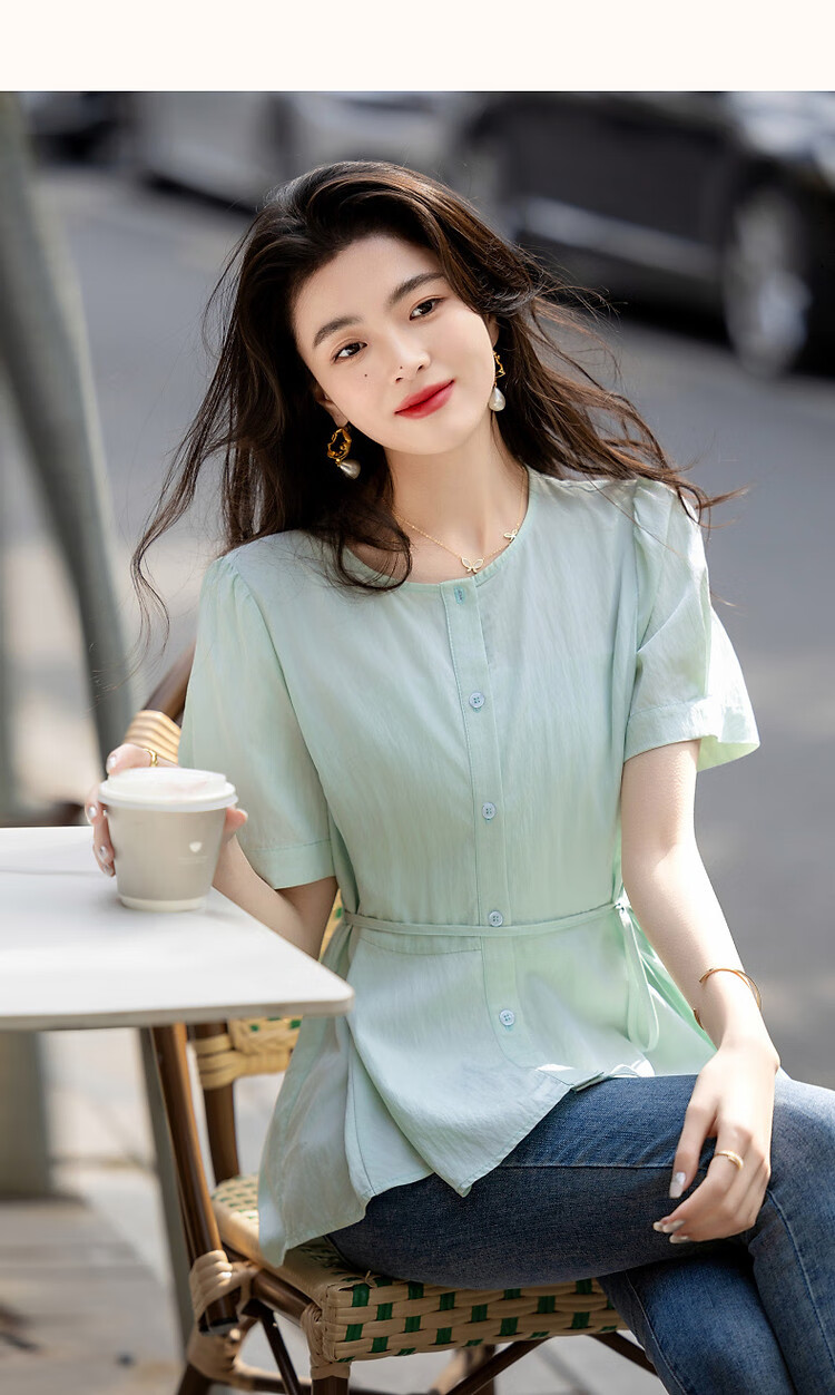 Dme [Elegant Top Student] Summer Comfortable Draping Cotton Wrinkle Shirt with Puff Sleeves And Belt, Women's Blouse Top 10