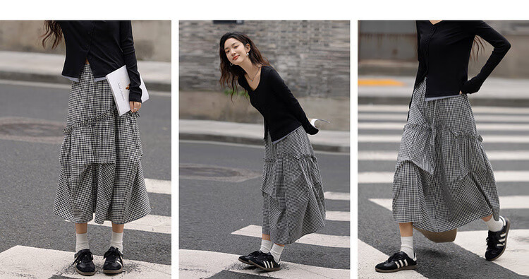 Dme [Fresh Cloud Cotton] Spring Vintage Floral Bud Ruffle Elastic Waist A-Line Plaid Midi Skirt for Wome 3