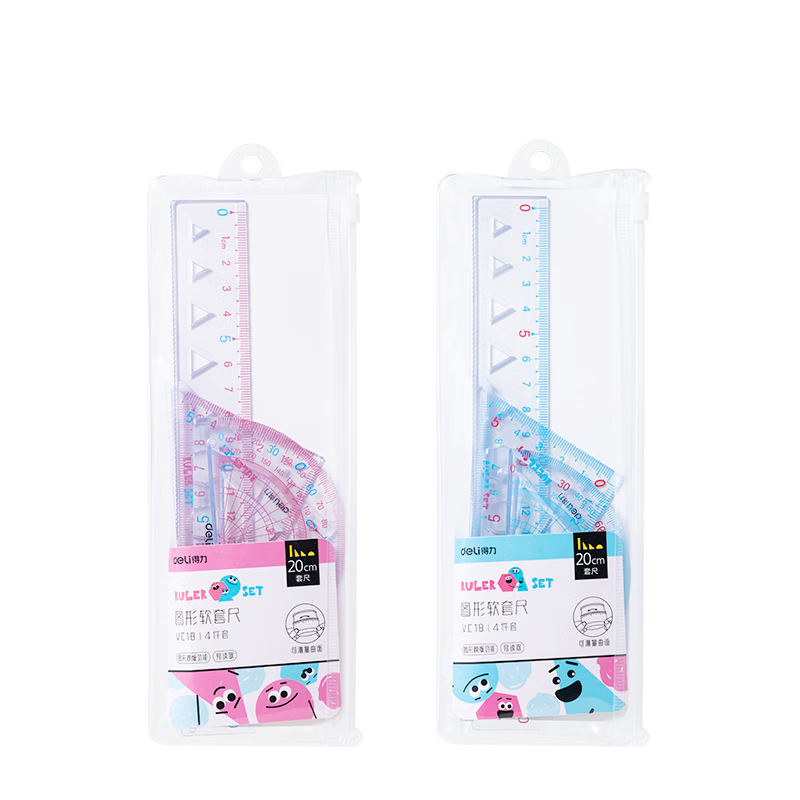 Deli 20cm Transparent Soft Ruler Set of 4: Straight Ruler + Triangle Rulers *2 + Protractor / Durable, Not Easily Broken, Flexible Measuring Ruler for Students, Random Style Delivery