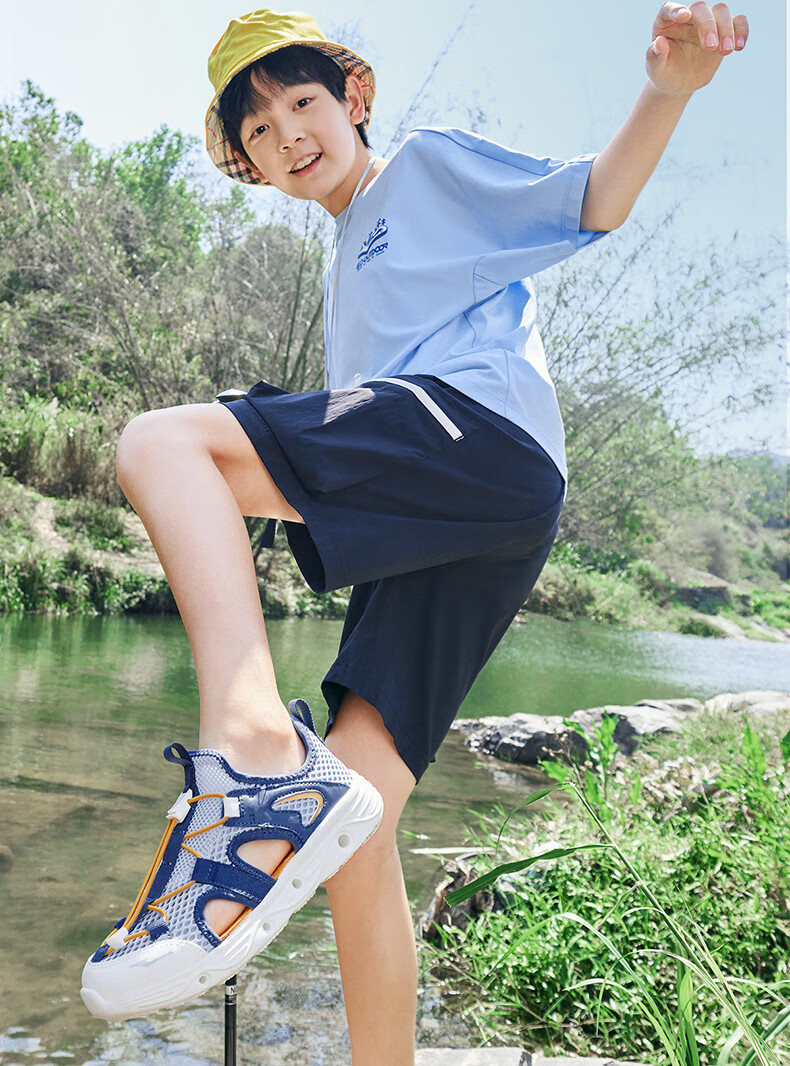ERKE Children's Shoes, Boys' Casual Shoes, Kids' Drawstring Sandals, Beach Sandals, Sky Blue/ink Blue, Size 30 9