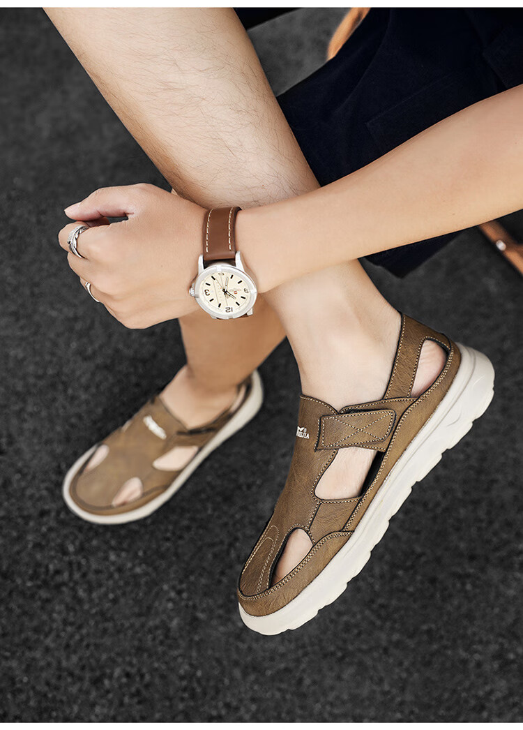 Bull Family Men's Summer New Hollow Breathable Soft Leather Soft Sole Casual Sandals 6