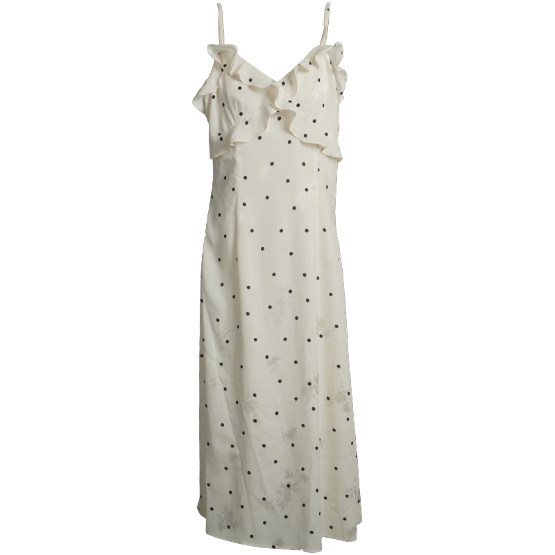 Olrain European Style Chiffon Spaghetti Strap Dress Women Ruffle Waist Slimming Long Dress Polka Dot S
