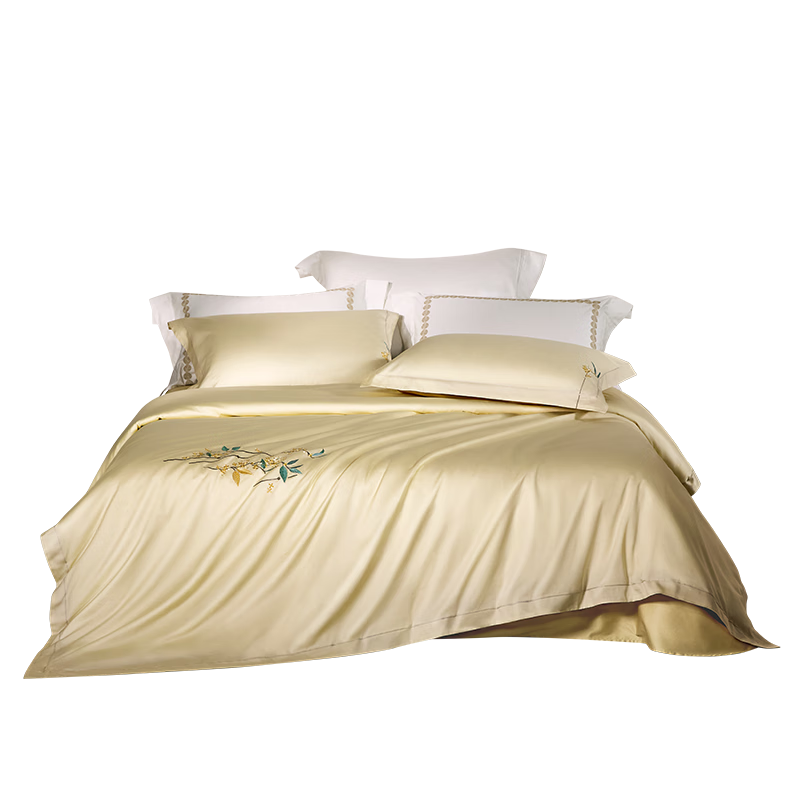 LUOLAI Home Textiles, 60-Count Pure Cotton Bedding Set, Four-Piece All-Cotton Bed Sheet And Duvet Cover Set, Floral Pattern, Yellow, 200*230