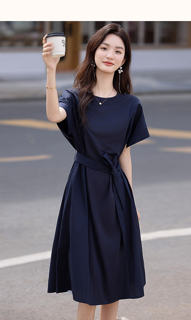 Dme [50 Pieces of Pure Cotton Brocade] Summer Elegant Office Round Neck Tie-Up Spliced Mid-Length Slimming Women's Dress 9