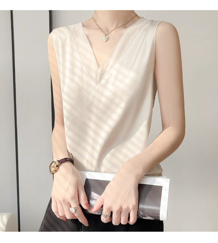 GUJIN V-Neck Premium Ice Silk Camisole Women's Innerwear Blazer Base Layer Vest Imitation Silk Satin Elegant Loose Fit Top 7