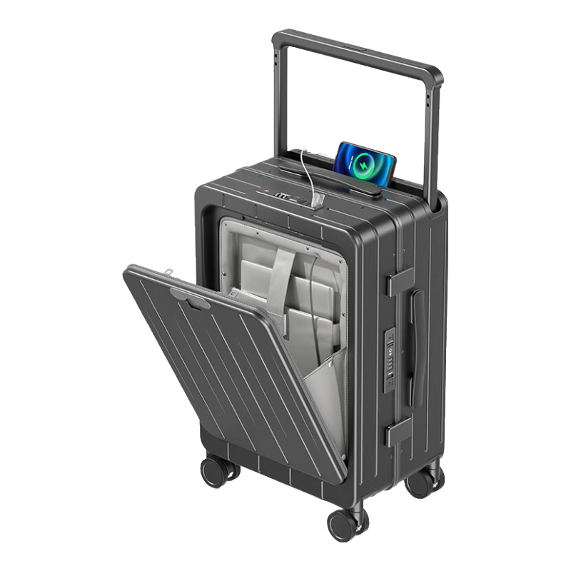 DTA Front-Opening Wide Handle Suitcase for Men And Women, 360° Spinner Wheels, Travel Trolley Case, Gunmetal Gray Aluminum Frame, 24 Inches
