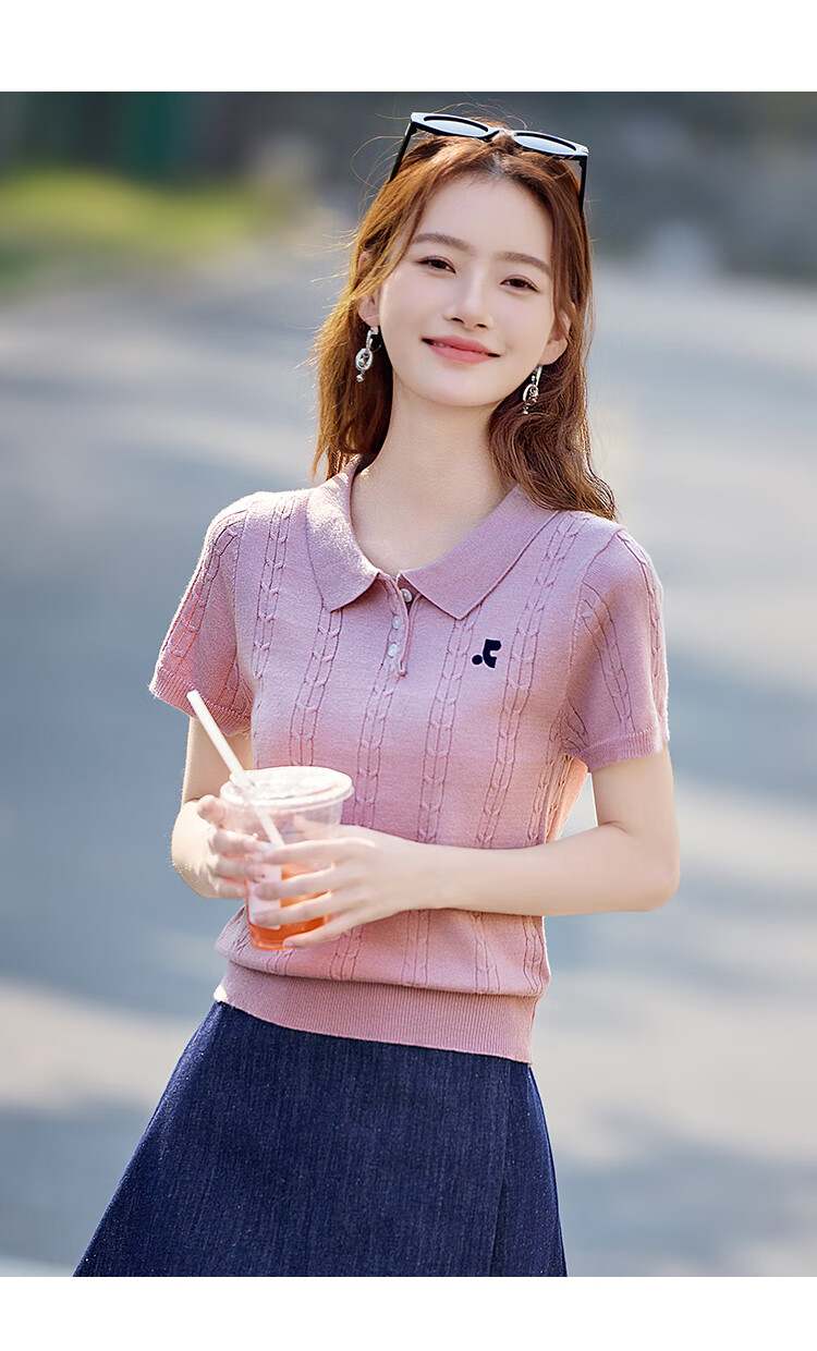 Shangjing Women's Short Sleeve Knit Top Summer New Sweet Polo Collar Slim T-Shirt 9