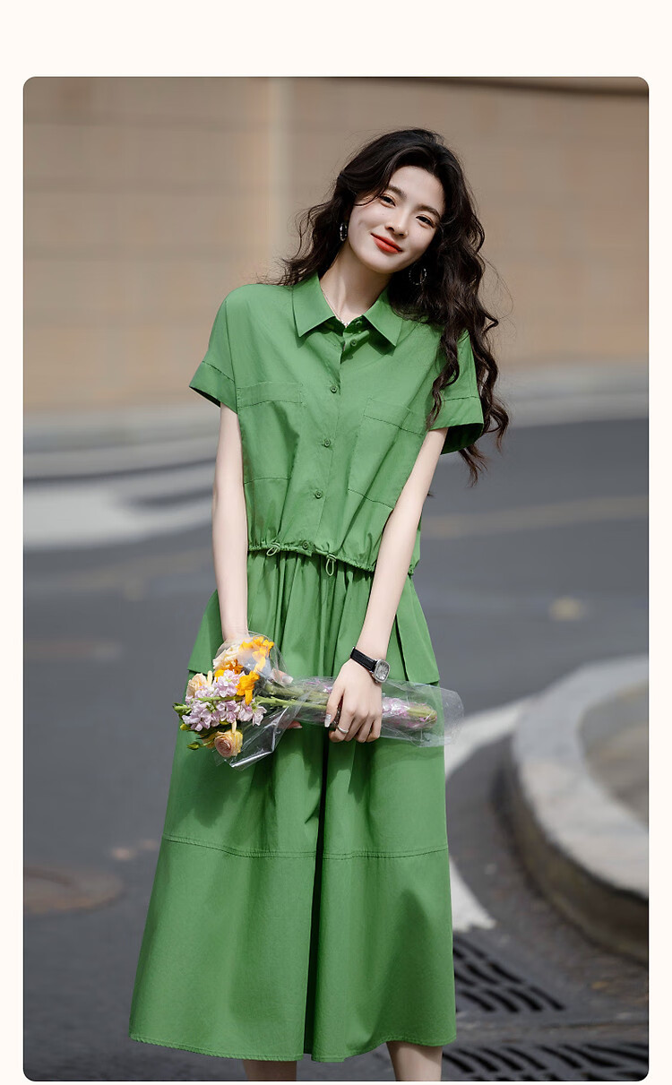 Demana 100% Cotton Poplin Set Summer Lapel Large Pocket Pigskin Button Top A-Line Skirt Two-Piece Set 1