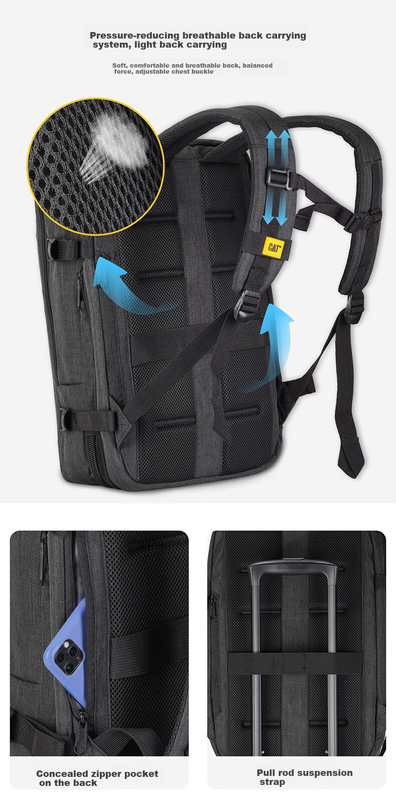 CAT Backpack, 15.6-Inch Laptop Bag, Business Backpack, Travel Bag, Large Capacity Expandable, Simple Gift, Black, 84503 11