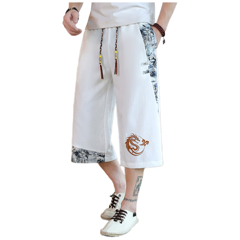 Zuofeili Men's Cropped Pants, Summer Lightweight Loose Ice Silk Shorts, 2026 New Chinese Style Youth Casual 7/8 Length Pants