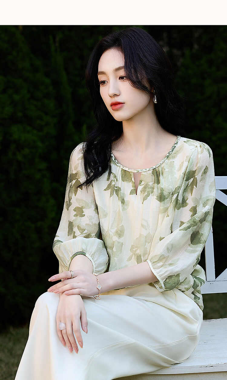 Dme [Zhi Ci Qinglu] Summer Artistic Style Lyocell Printed Shirt, Natural Comfortable Flowy Blouse, Women's Top 11
