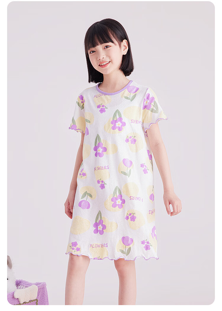 DEESHA Girls' Cotton Nightgown, Breathable Mesh Sleepwear, Lightweight Summer Dress for Young And Older Girls, White with Purple Floral Pattern, Size 110 6
