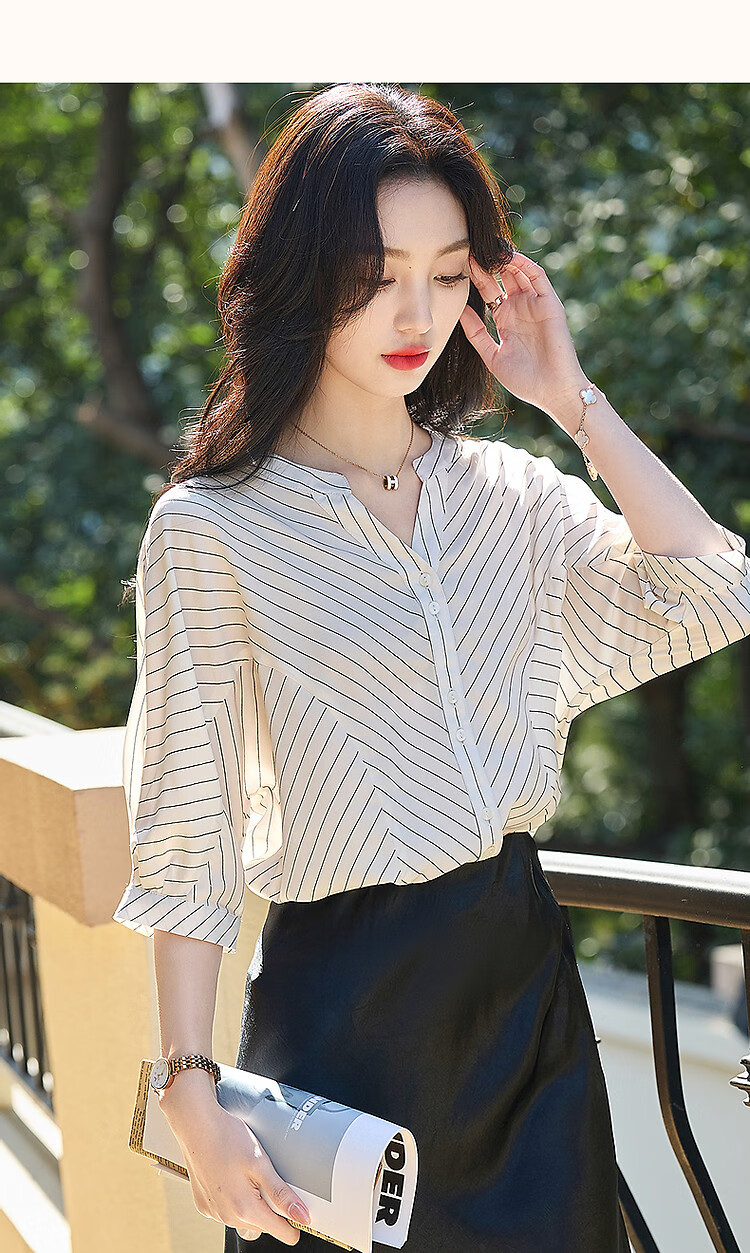 Dme [Unwearable Stripes], Summer Elegant V-Neck Patchwork Shirt, Connected Sleeves, Loose Comfortable Blouse, Women's Top 9
