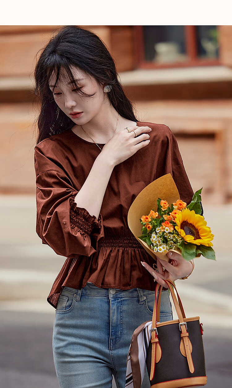 Dme [Will Breathe Cotton] Spring And Autumn French-Style Relaxed Round Neck Smock Waist-Cinching Drop Shoulder Slimming Shirt Women's Top 33