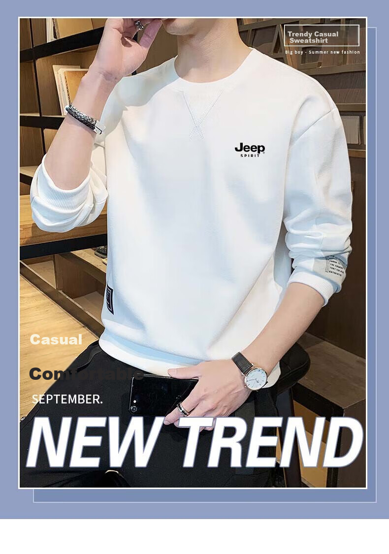 JEEP SPIRIT Men's Sweatshirt, Spring And Autumn Long-Sleeve T-Shirt, Casual Round Neck Pullover for Young And Middle-Aged Men, White, Size M 1