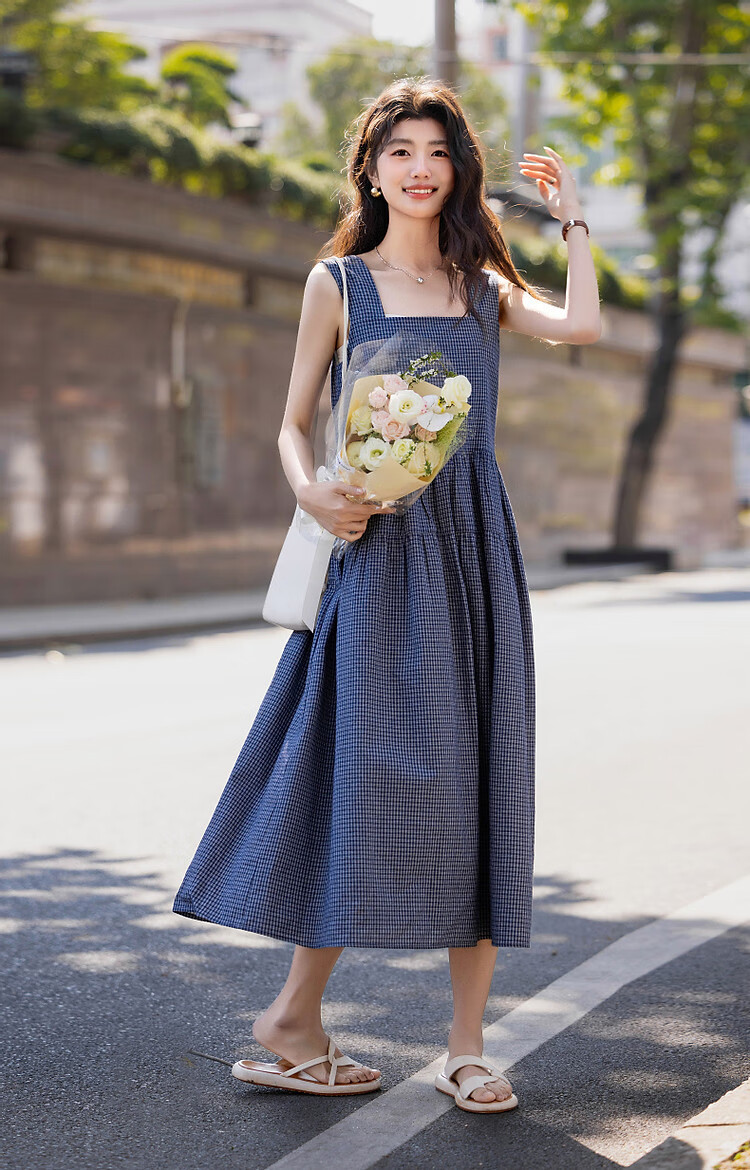 Dme [Japanese-Style Light-Colored Outfit] Summer Cloud Cotton Square Neck Plaid Spaghetti Strap Sleeveless A-Line Patchwork Long Dress for Wome 7