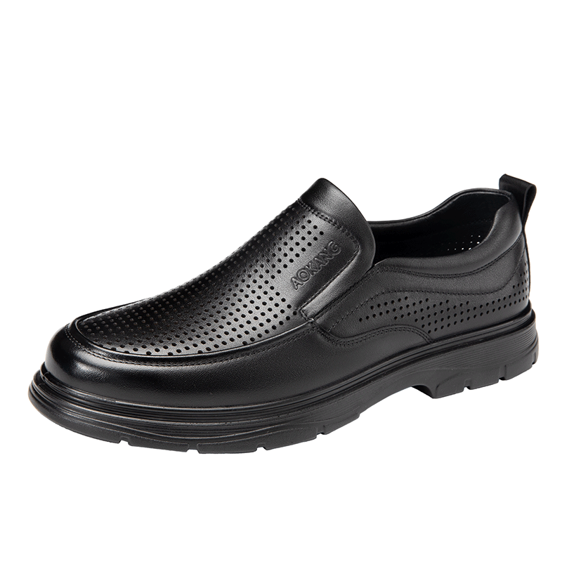 Aokang Men's Summer Business Casual Leather Shoes, Cowhide Soft Upper Slip-On Perforated Comfortable Commuter Dad Shoes, Black, Size 41