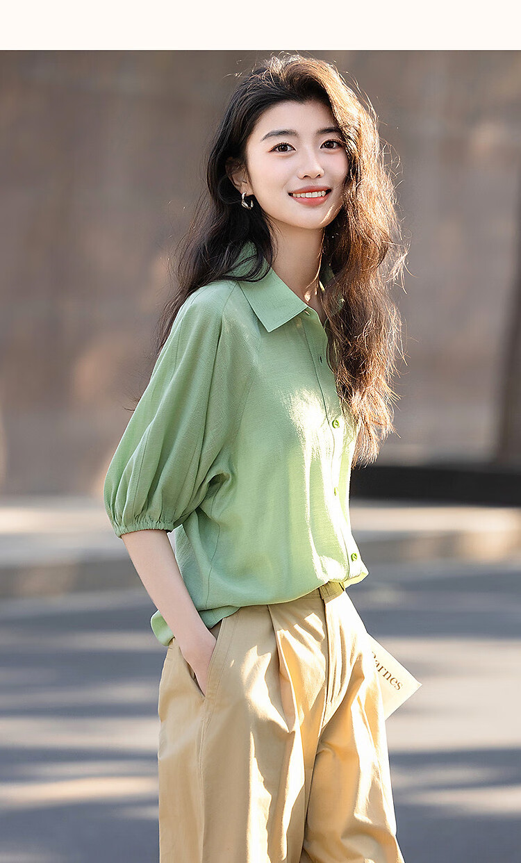 Demana [Su Jian Aesthetics] Summer Acetate Polyester Shirt with Panel Stitching and Elastic Lantern Sleeves Women's Top 33