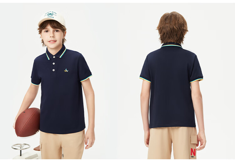 Navigare Boys' Polo Shirt, Children's Short-Sleeve T-Shirt, Student Sports Shirt, Antibacterial Breathable Summer Fresh Color-Block Top, Navy Blue, Size 150 11