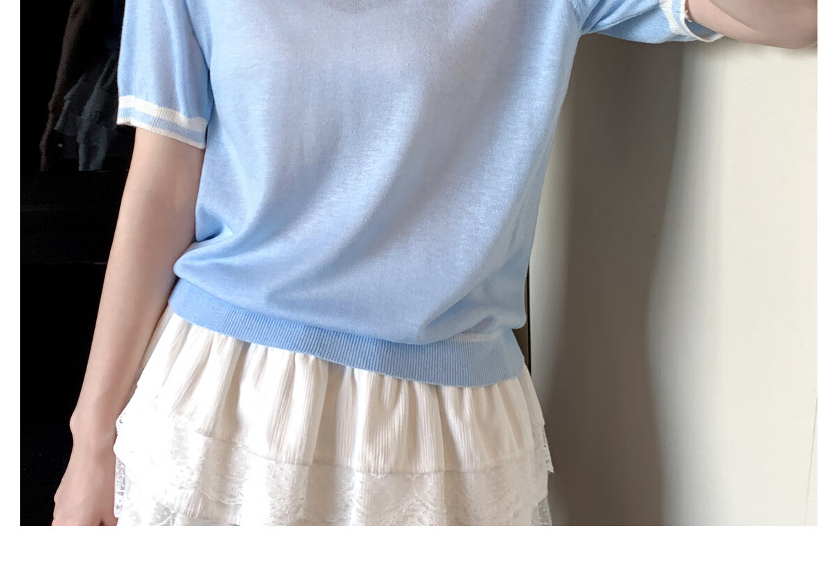Halo Queen Knitted Short-Sleeve T-Shirt for Women, Round Neck, Contrasting Colors, Fashionable Slimming Top, Contains Wool And Silk, Comfortable Fabric, H52T032 27