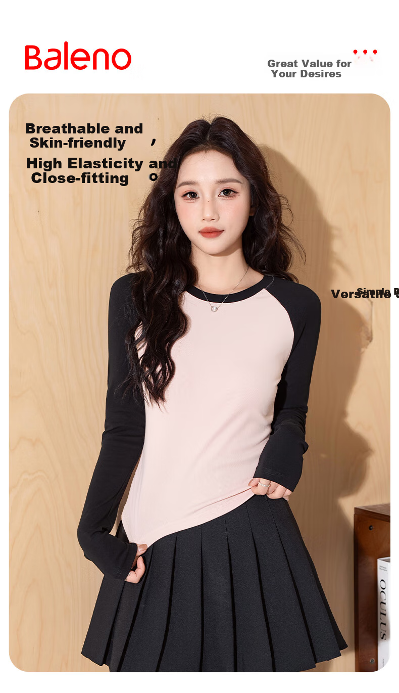 Baleno Slim-Fit Color-Block Long-Sleeve T-Shirt for Women, New Spring And Autumn 2025 Fashion Trendy Skin-Friendly Comfortable Breathable Versatile Top 1