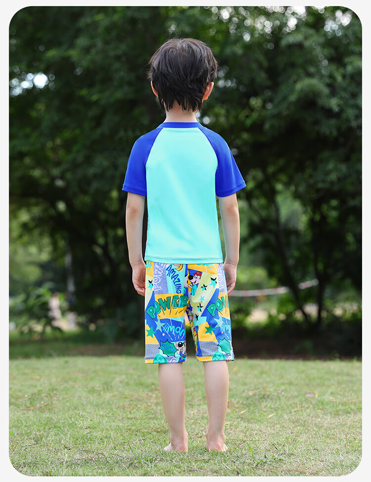 Jiusuiban Children's Moisture-Wicking Quick-Dry Swimwear, Boys' Short-Sleeve Two-Piece Swimsuit, Beach Cartoon Sun Protection Swimwear with Swimming Cap Included 15