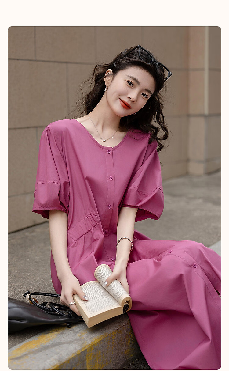 Demana 100% Cotton Summer Elegant V-Neck Elastic Waist Short Sleeve Mid-Length Slimming Women's Dress 3