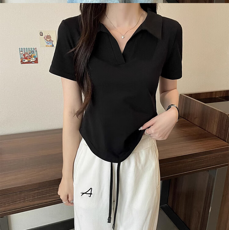 Langsha Women's Short Sleeve V-Neck T-Shirt Summer Fashion Versatile High-End Black Slim Fit Crop Top 17