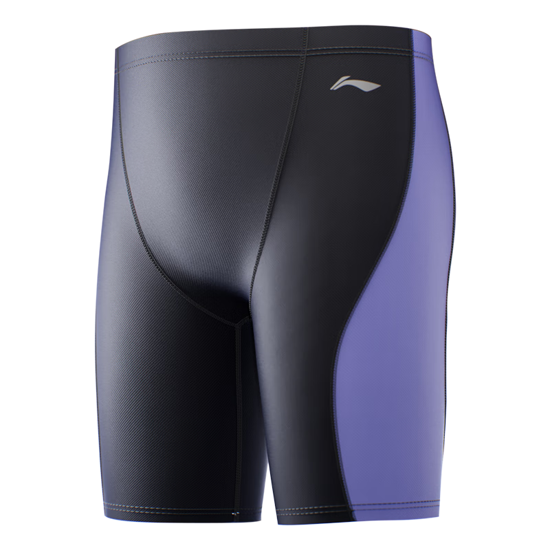 Li-Ning Children's Swim Trunks for Boys, Youth Professional Training Knee-Length Swim Shorts, Hot Spring Swimming Gear, 0111 Black And Purple, Size 150