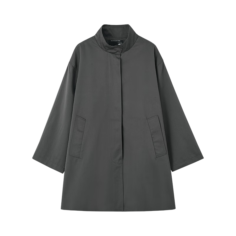 MT Grey British Style Autumn Stand Collar Wide Edge Pocket Design Loose Mid-Length Trench Coat