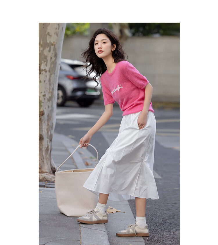 Demana Barbie Wardrobe Spring Fashion Colorblock Letter Crew Neck Short Sleeve High Elastic Wool Blend Knit Top for Women 2