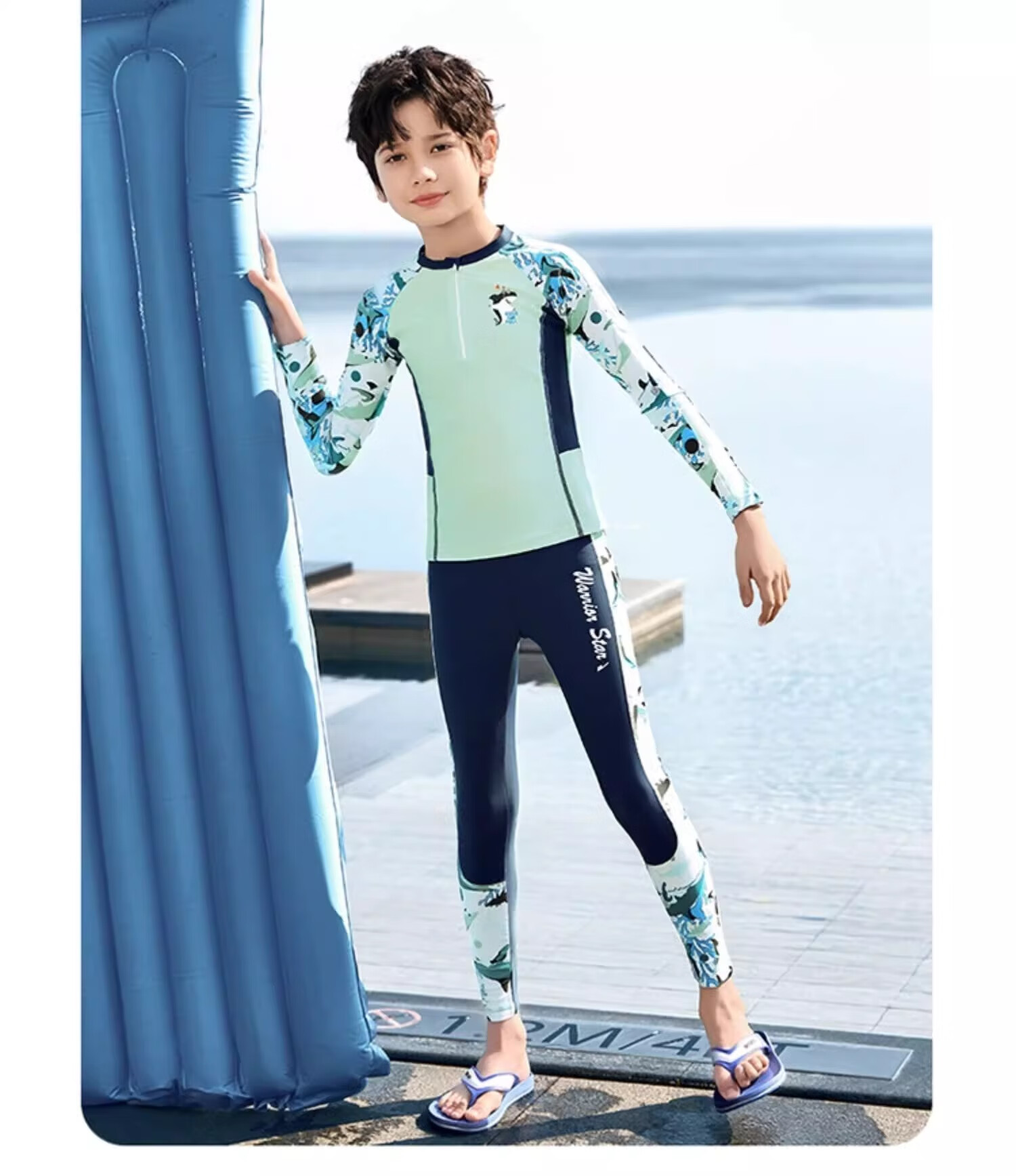 Huili Children's Swimwear, Boys' Two-Piece Long-Sleeve And Long Pants Set, for Travel And Play, Big Kids' Swimsuit 35242, Army Green, Size 110 14