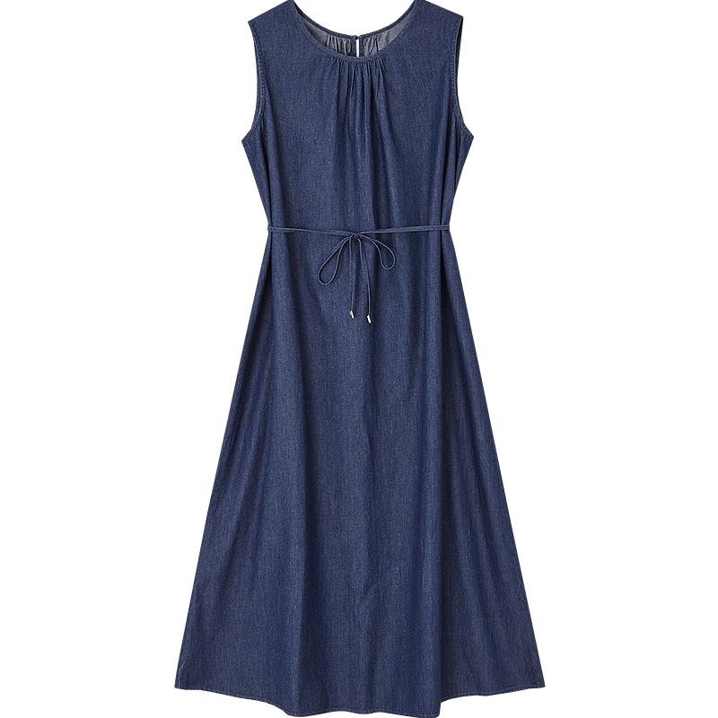 Demana Pure Cotton Private Talk Summer Lightweight Slim Pleated Round Neck Denim Sleeveless Tie Women's Dress