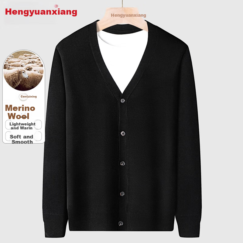 Hengyuanxiang Knitted Cardigan for Men, Spring And Autumn Solid Color Versatile Sweater, Middle-Aged Men's Clothing, Wool-Blend Casual Warm Outerwear