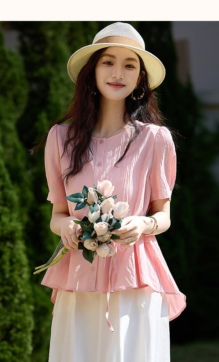 Dme [Elegant Top Student] Summer Comfortable Draping Cotton Wrinkle Shirt with Puff Sleeves And Belt, Women's Blouse Top 14