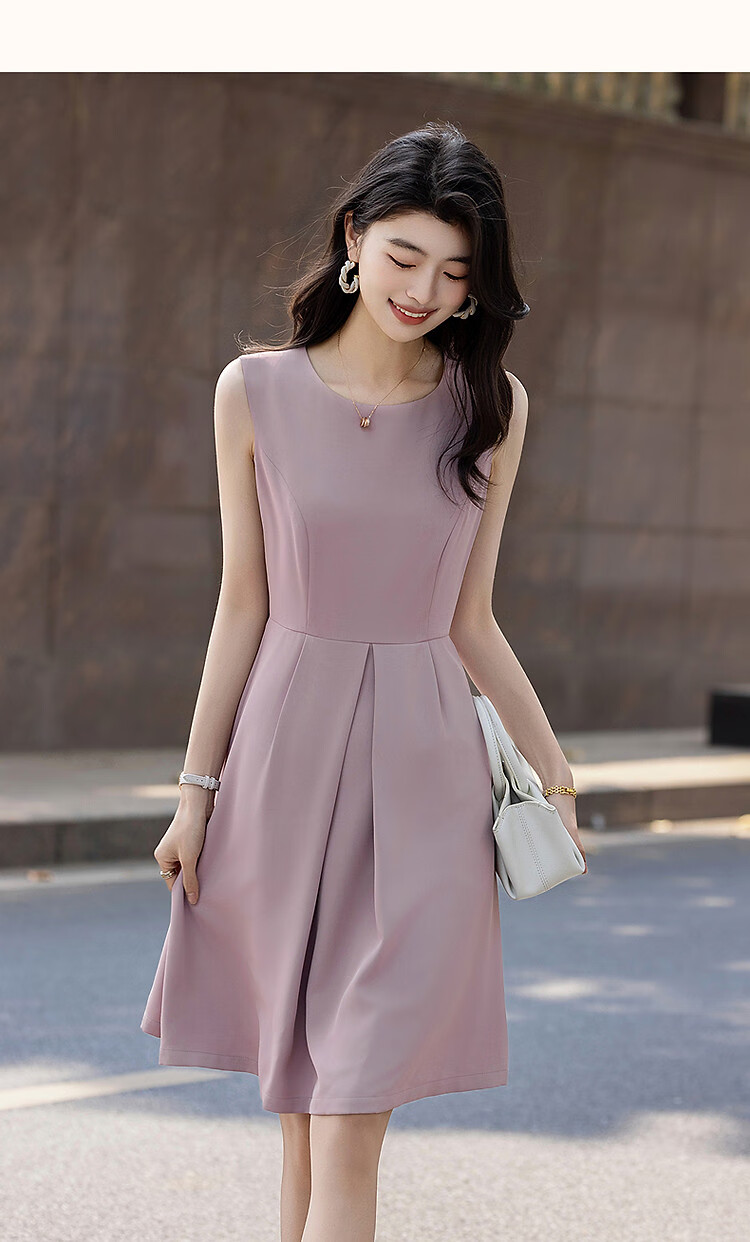 Dme [Urban Design Style] Summer Textured Linen Round Neck Waist-Cinching A-Line Pleated Women's Dress 10