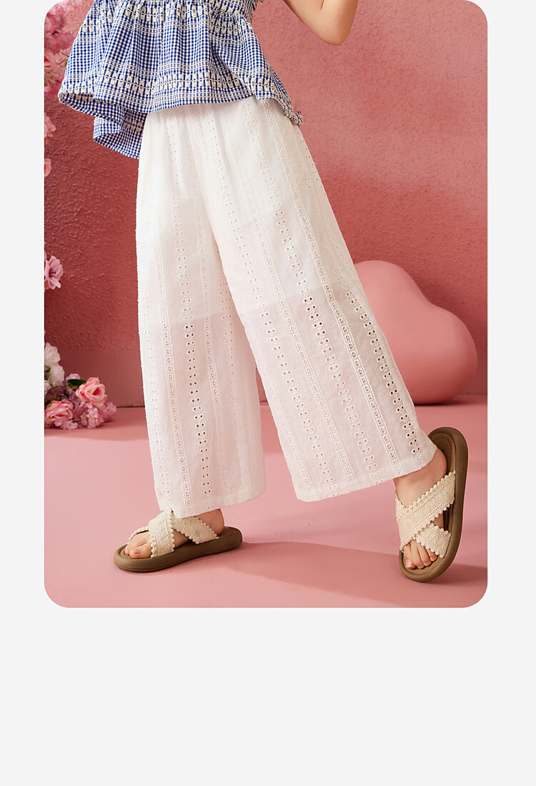 ASK JUNIOR Cotton Kids Summer Hollow Lace Embroidered Straight Leg Breathable Long Pants for Girls and Teens 11