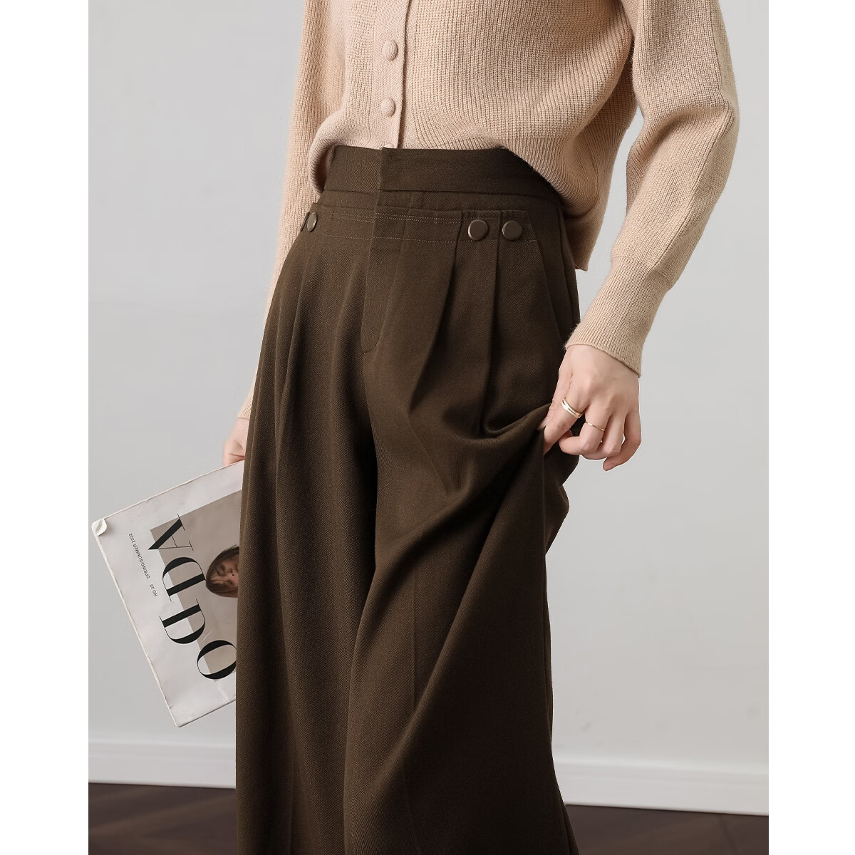 Dme [Unconditional Leg Accommodation] Autumn Simple Style Design Patchwork Pleated Decorative Button Straight-Leg Concealing Casual Pants