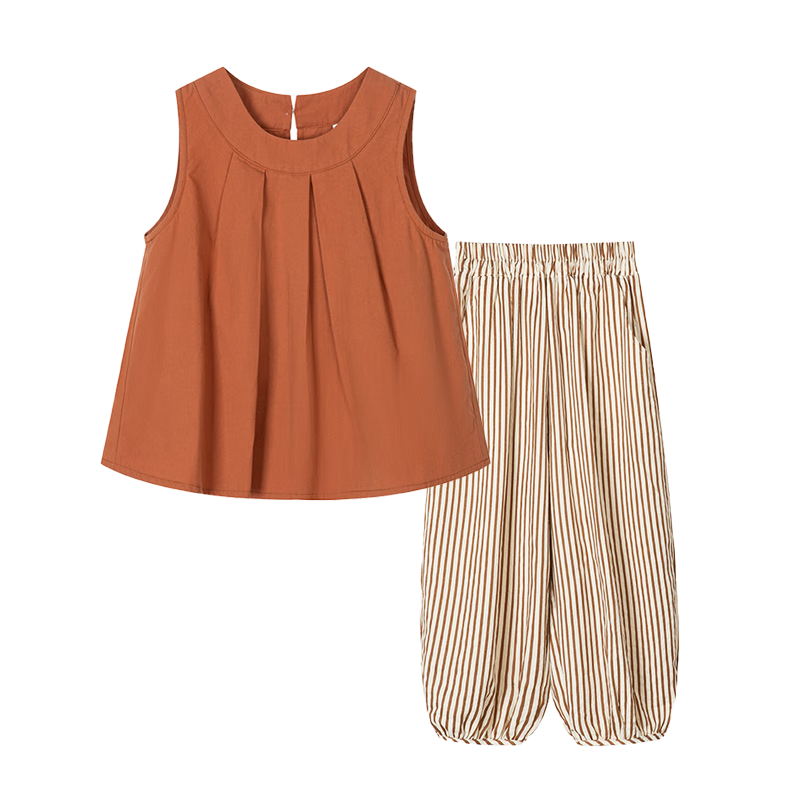 Fulomi Girls' Summer Set Korean Style Sleeveless Top and Versatile Striped Casual Pants Two-Piece Set Caramel Color Size 130