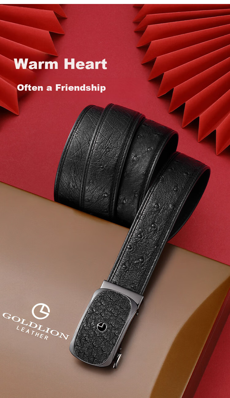 Goldlion Men's Leather Belt with Automatic Buckle, High-End Wooden Gift Box, Ostrich Leather Trouser Belt, Birthday Gift 1