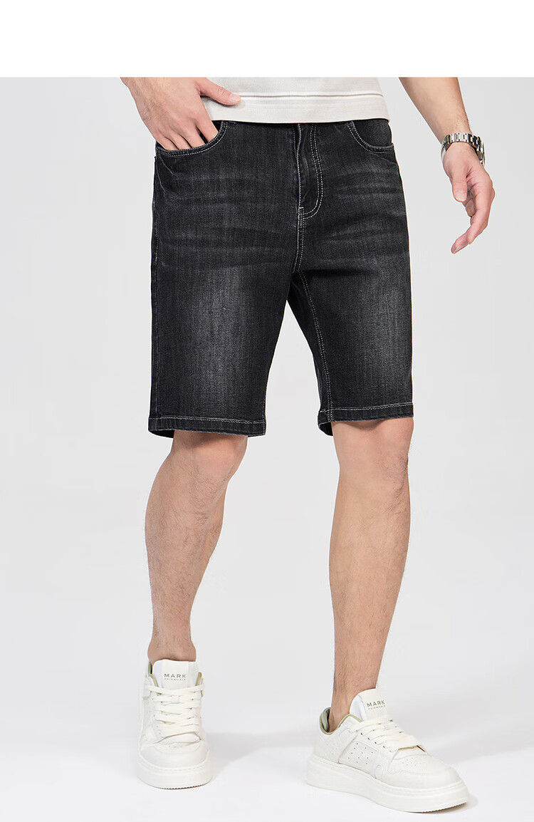DANCING WOLVES [Mulberry Silk] Summer Vintage Washed Stretch Breathable Men's Denim Shorts, 014 Black Blue, Size 32 10