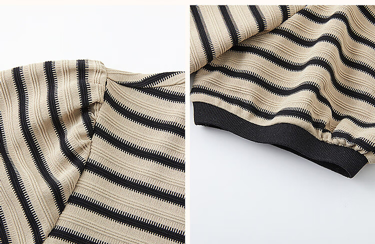 Demana Women's Summer V-Neck Striped Puff Sleeve Ribbed Splice Loose Knit Dress with Soft Cloud Cotton 12