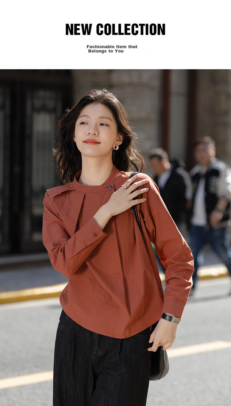 Dme [Pure Cotton Comfort Zone] Spring Chinese Style New Chic Pleated Round Neck Shirt, Lazy Loose-Fitting Blouse Top 1