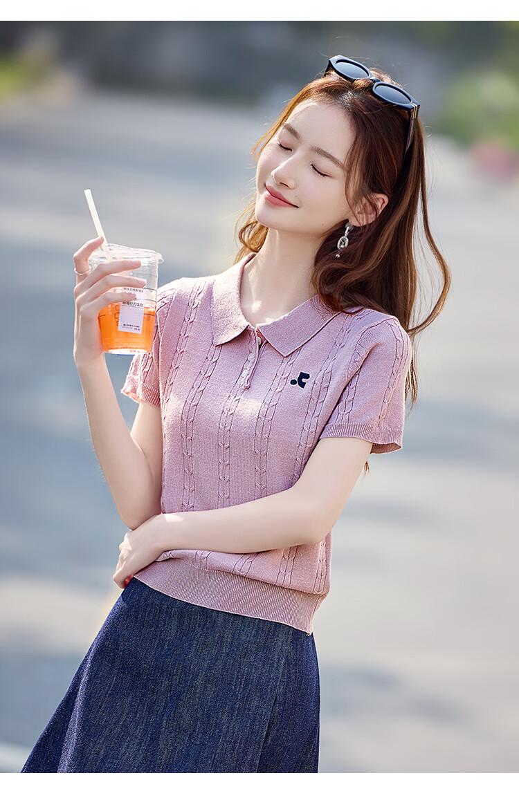 Shangjing Women's Short Sleeve Knit Top Summer New Sweet Polo Collar Slim T-Shirt 8