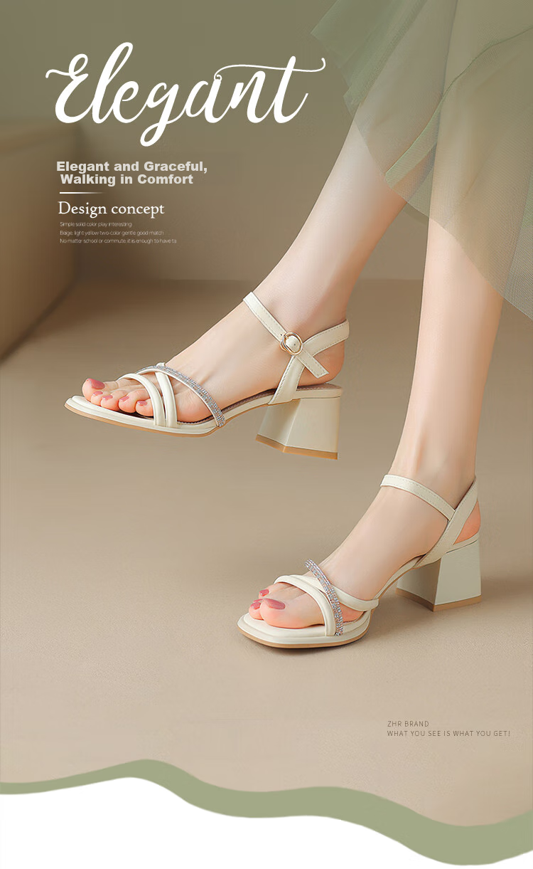 ZHR Chunky Heel Sandals for Women, Summer Elegant Rhinestone Single-Strap Women's Shoes, Versatile Square-Toe Women's Footwear, JF15, Beige, Size 38 1
