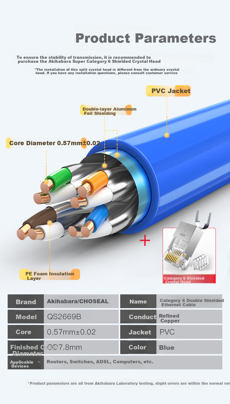 CHOOSEAL (CHOSEAL) CAT6A Double-Shielded Network Cable, 10 Gigabit Anti-Interference Low-Loss Pure Copper, Engineering And Home Installation Network Broadband Cable, Blue, 25 Meters, QS2669BT25 4