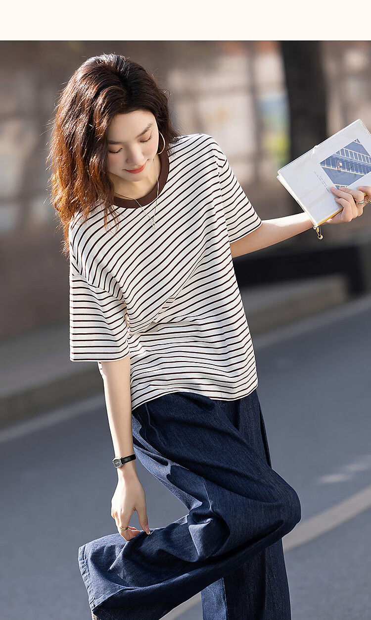 Demana [Leisure Style] Summer Simple Retro Striped Five-Sleeve Loose Fit Slimming Women's T-Shirt 13