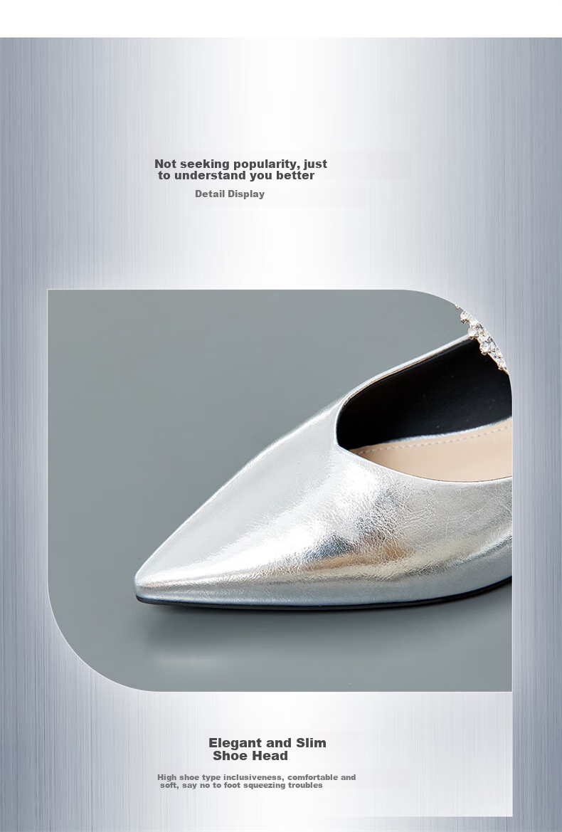 15MINS Pointed Toe Low-Cut Women's Pumps with Chunky Heel, Elegant Leather Shoes, French-Style Professional Work Shoes for Women, Silver, Size 35 8