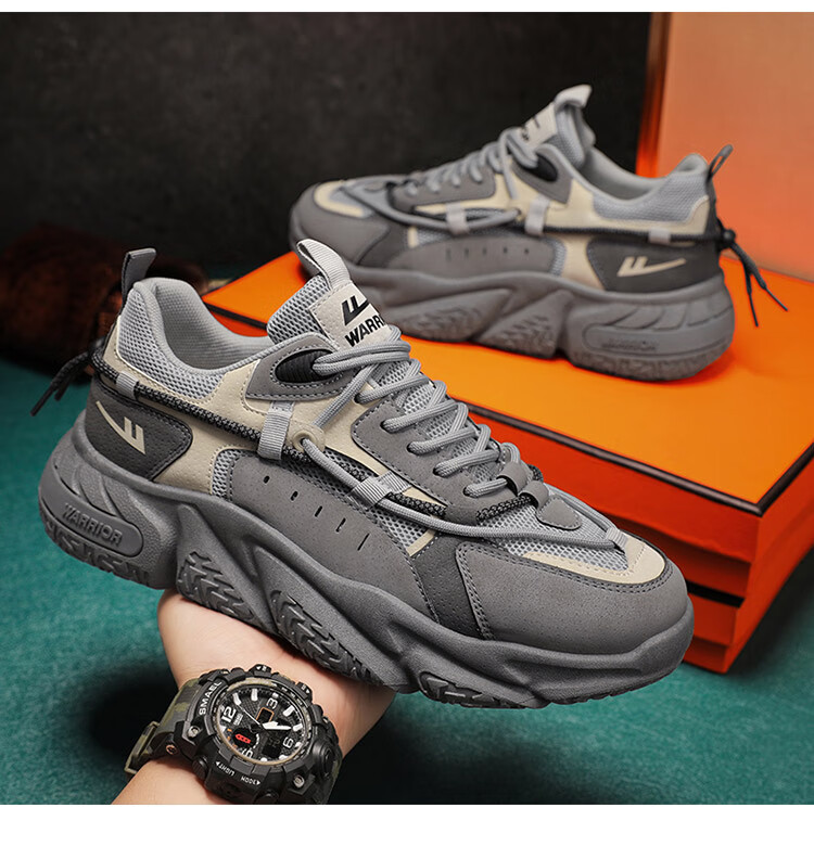 Warrior Men's Shoes, Summer Breathable Mesh, Thick-Soled Heightening Non-Slip Sports Casual Dad Trendy Shoes, Gray, Size 40 6